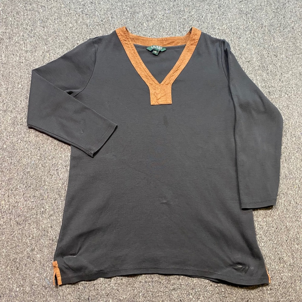Lauren Ralph Lauren V Neck Top Sz L Womens Black Faux Suede Trim Ribbed Knit